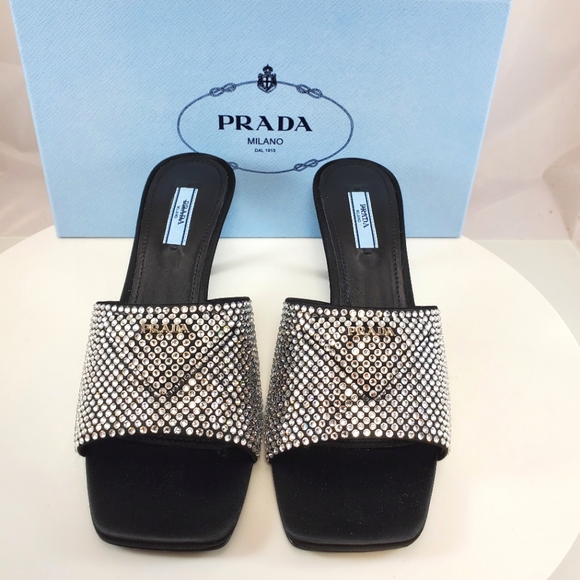 NWT$1,650 PRADA Satin Crystal Open Toe Logo Embellished Slides Mules Sz 39 - Picture 10 of 17